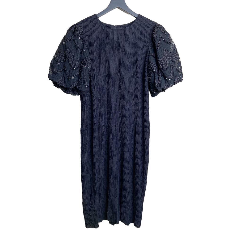 Vintage Puff Sleeve Pleated Dress Black Sequin‎ Women's Size 14 Union Tag
